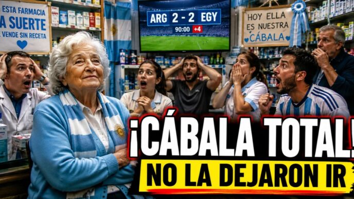 Señora en una farmacia convertida en cábala de la Selección Argentina durante el empate ante Egipto en el Mundial 2026.