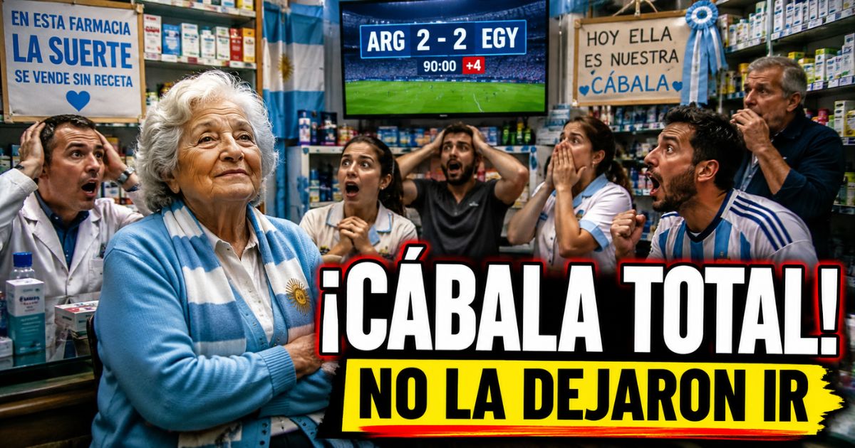 Señora en una farmacia convertida en cábala de la Selección Argentina durante el empate ante Egipto en el Mundial 2026.