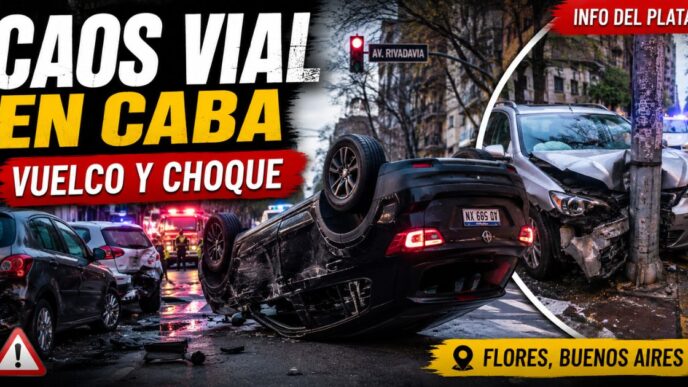 Caos vial en CABA: auto volcado en Flores y otro vehículo chocado contra una columna