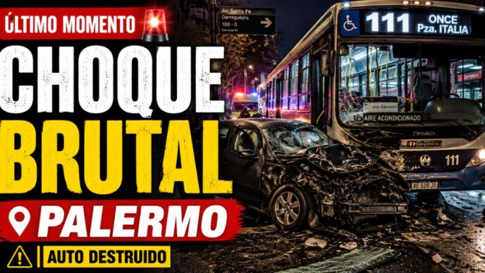Choque en Palermo entre un auto destruido y un colectivo de la línea 111 en avenida Santa Fe