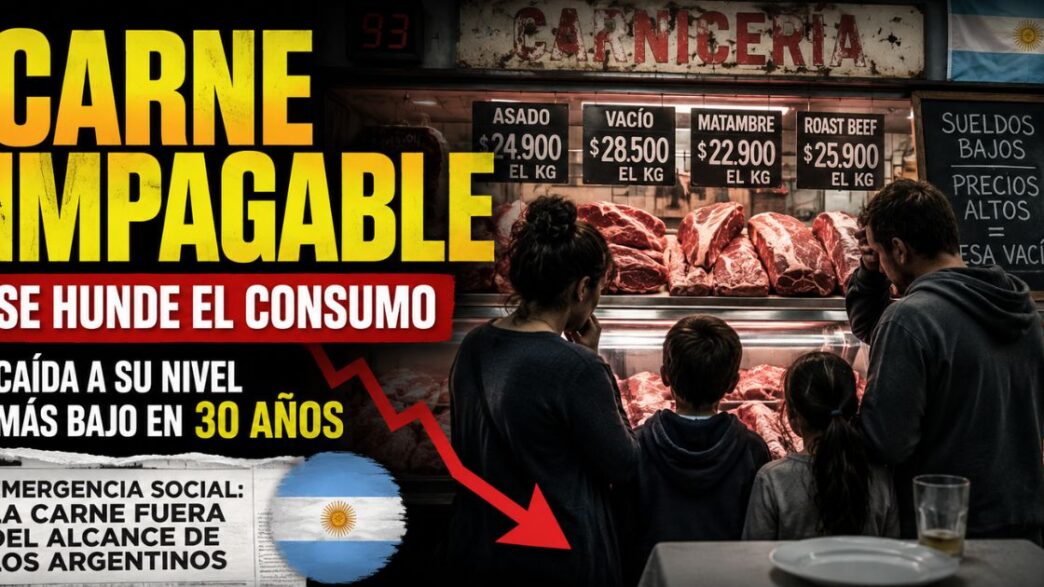 Familia argentina frente a una carnicería con precios elevados, mientras el consumo de carne vacuna cae al nivel más bajo en 30 años.