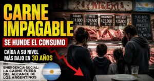 Familia argentina frente a una carnicería con precios elevados, mientras el consumo de carne vacuna cae al nivel más bajo en 30 años.