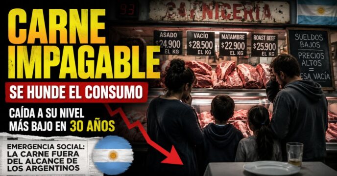 Familia argentina frente a una carnicería con precios elevados, mientras el consumo de carne vacuna cae al nivel más bajo en 30 años.