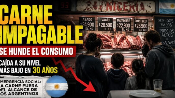Familia argentina frente a una carnicería con precios elevados, mientras el consumo de carne vacuna cae al nivel más bajo en 30 años.