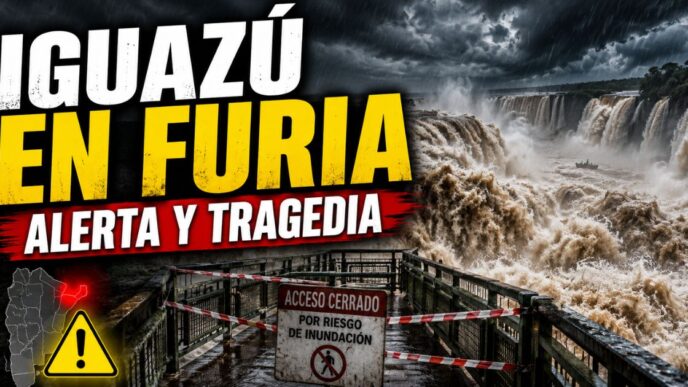 Crecida histórica en Iguazú con las Cataratas desbordadas, alerta amarilla y acceso cerrado por riesgo de inundación.