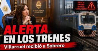 Miniatura de alerta ferroviaria por la crisis de trenes en Argentina, con Victoria Villarruel, una silueta sindical y un tren en estado crítico.