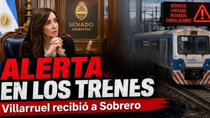 Miniatura de alerta ferroviaria por la crisis de trenes en Argentina, con Victoria Villarruel, una silueta sindical y un tren en estado crítico.