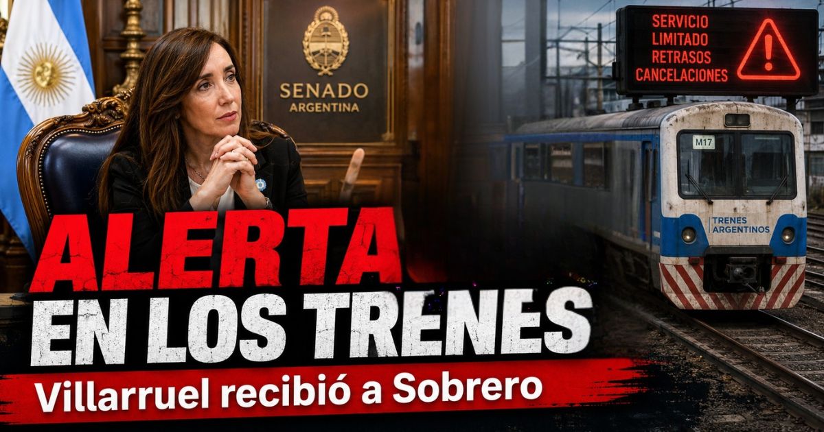 Miniatura de alerta ferroviaria por la crisis de trenes en Argentina, con Victoria Villarruel, una silueta sindical y un tren en estado crítico.