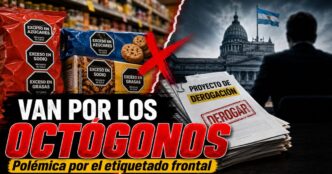 Miniatura sobre la derogación del etiquetado frontal, con alimentos con octógonos negros y un proyecto del Gobierno para eliminar advertencias nutricionales.