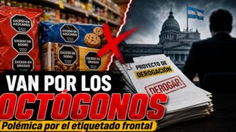 Miniatura sobre la derogación del etiquetado frontal, con alimentos con octógonos negros y un proyecto del Gobierno para eliminar advertencias nutricionales.