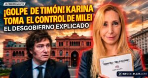 Miniatura de noticia impactante. Visualiza el caos en Casa Rosada. Javier Milei se muestra preocupado y superado por la situación. A la derecha, su hermana Karina Milei, firme y rubia, sostiene la carpeta de 'Toma de Decisiones'. El título overlaid reza '¡GOLPE DE TIMÓN! KARINA TOMA EL CONTROL DE MILEI. EL DESGOBIERNO EXPLICADO'.