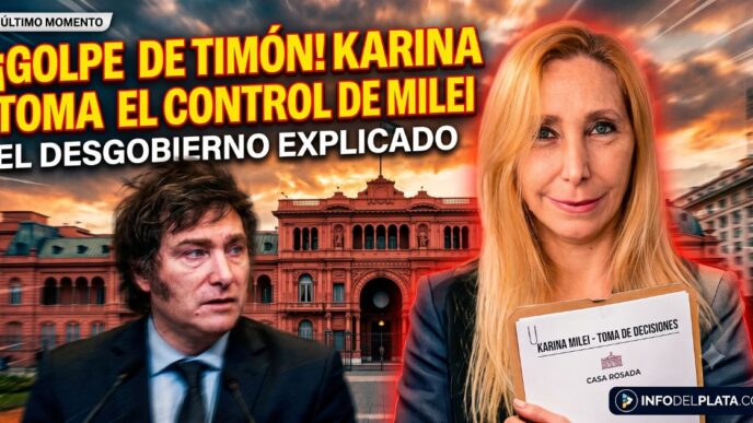 Miniatura de noticia impactante. Visualiza el caos en Casa Rosada. Javier Milei se muestra preocupado y superado por la situación. A la derecha, su hermana Karina Milei, firme y rubia, sostiene la carpeta de 'Toma de Decisiones'. El título overlaid reza '¡GOLPE DE TIMÓN! KARINA TOMA EL CONTROL DE MILEI. EL DESGOBIERNO EXPLICADO'.