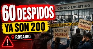 Miniatura sobre los despidos en Expreso Brío en Rosario, con trabajadores reclamando frente a un centro logístico cerrado y el mensaje 60 despidos, ya son 200.