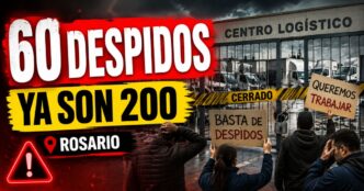 Miniatura sobre los despidos en Expreso Brío en Rosario, con trabajadores reclamando frente a un centro logístico cerrado y el mensaje 60 despidos, ya son 200.