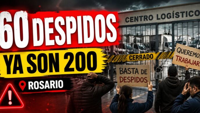 Miniatura sobre los despidos en Expreso Brío en Rosario, con trabajadores reclamando frente a un centro logístico cerrado y el mensaje 60 despidos, ya son 200.