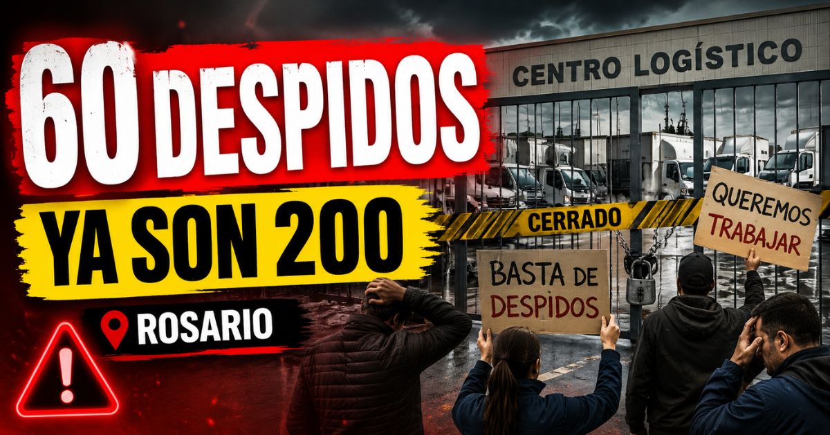 Miniatura sobre los despidos en Expreso Brío en Rosario, con trabajadores reclamando frente a un centro logístico cerrado y el mensaje 60 despidos, ya son 200.