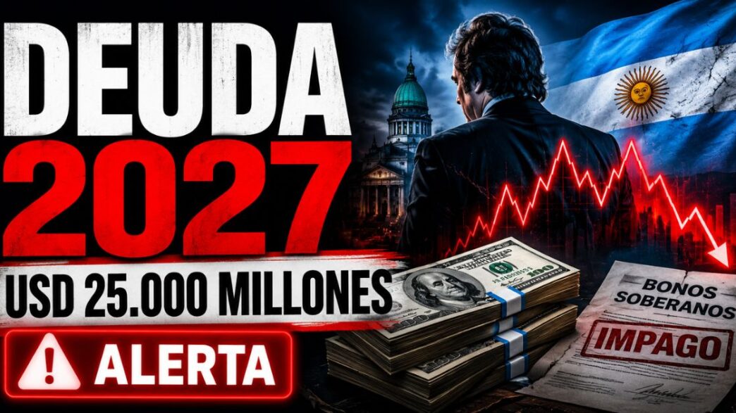 Miniatura sobre la deuda 2027 en Argentina, con alerta por vencimientos de USD 25.000 millones, bonos soberanos, dólares y fuerte tensión económica.