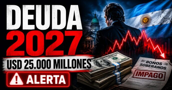 Miniatura sobre la deuda 2027 en Argentina, con alerta por vencimientos de USD 25.000 millones, bonos soberanos, dólares y fuerte tensión económica.