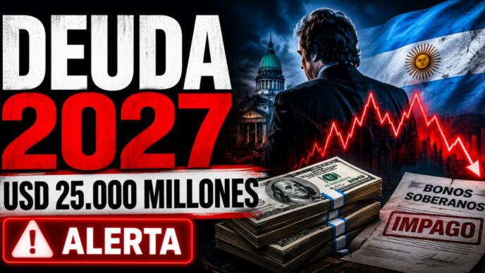 Miniatura sobre la deuda 2027 en Argentina, con alerta por vencimientos de USD 25.000 millones, bonos soberanos, dólares y fuerte tensión económica.