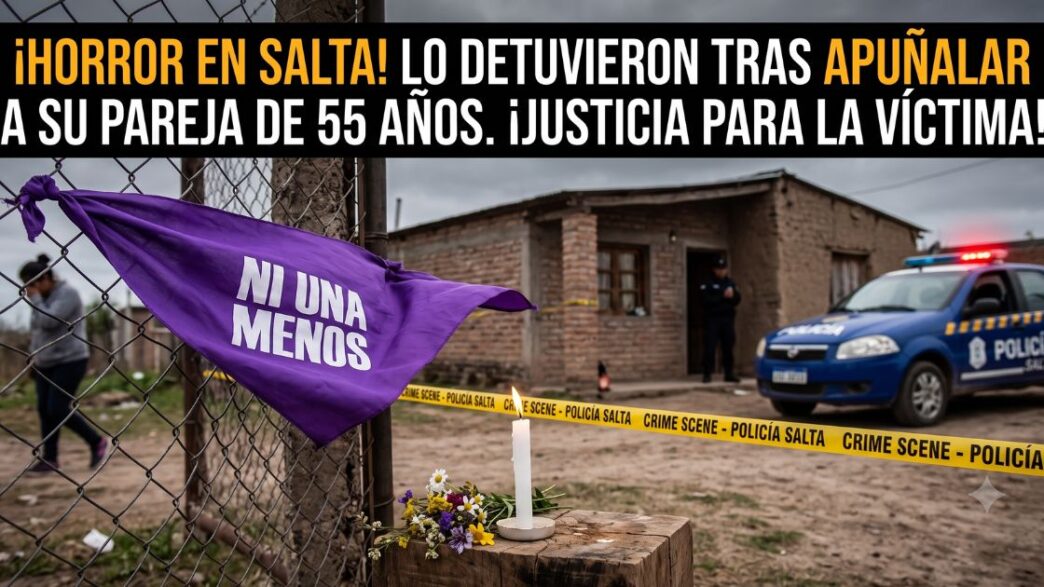 Miniatura sensacionalista sobre el brutal femicidio en Salta. Primer plano de un pañuelo morado "Ni Una Menos" y una vela encendida ante la escena del crimen acordonada con cinta policial. Fondo con patrullero y policía. Titular dramático en amarillo y blanco: "¡HORROR EN SALTA! APUÑALÓ A SU PAREJA DE 55 AÑOS. ¡JUSTICIA PARA LA VÍCTIMA!".