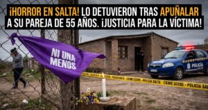 Miniatura sensacionalista sobre el brutal femicidio en Salta. Primer plano de un pañuelo morado "Ni Una Menos" y una vela encendida ante la escena del crimen acordonada con cinta policial. Fondo con patrullero y policía. Titular dramático en amarillo y blanco: "¡HORROR EN SALTA! APUÑALÓ A SU PAREJA DE 55 AÑOS. ¡JUSTICIA PARA LA VÍCTIMA!".