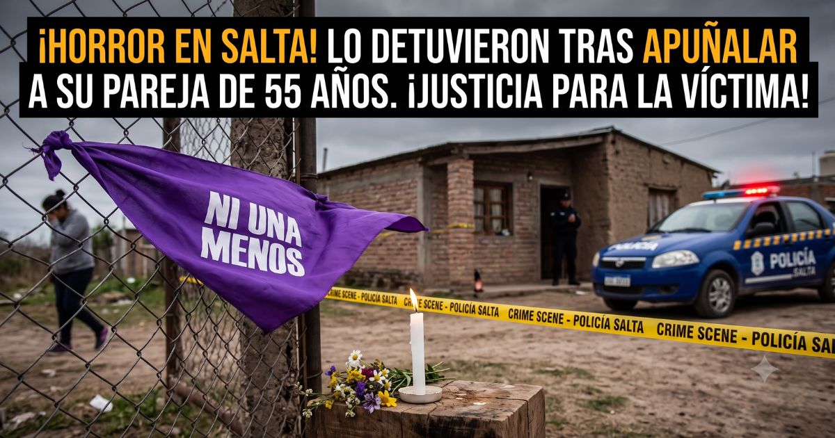 Miniatura sensacionalista sobre el brutal femicidio en Salta. Primer plano de un pañuelo morado "Ni Una Menos" y una vela encendida ante la escena del crimen acordonada con cinta policial. Fondo con patrullero y policía. Titular dramático en amarillo y blanco: "¡HORROR EN SALTA! APUÑALÓ A SU PAREJA DE 55 AÑOS. ¡JUSTICIA PARA LA VÍCTIMA!".
