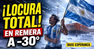 Festejo en remera en la Antártida con la bandera argentina, nieve intensa y una sensación térmica de 30 grados bajo cero en la Base Esperanza.
