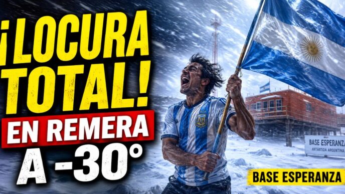 Festejo en remera en la Antártida con la bandera argentina, nieve intensa y una sensación térmica de 30 grados bajo cero en la Base Esperanza.