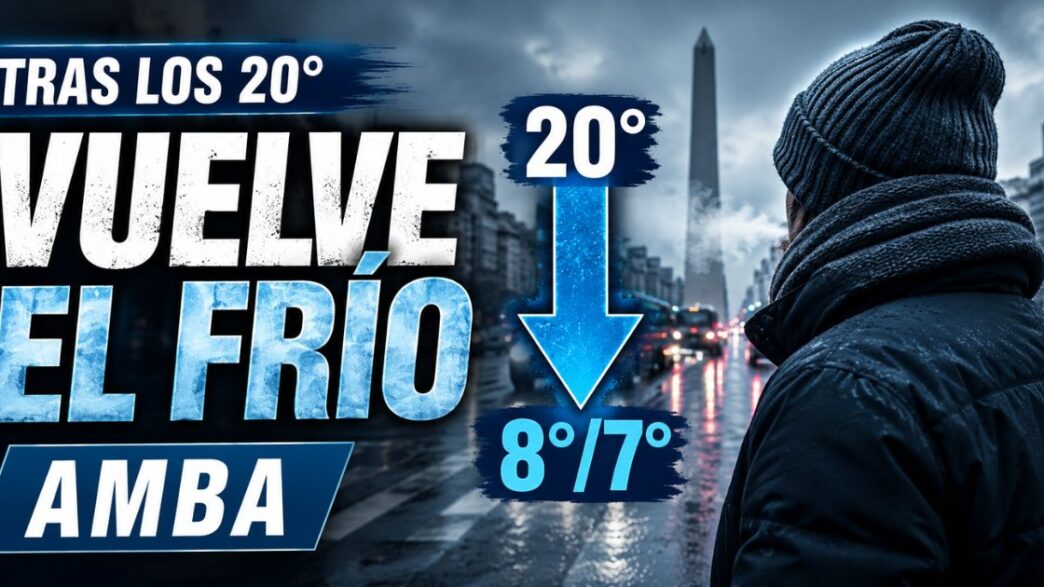 Miniatura sobre el frío en AMBA con una persona abrigada en una calle húmeda, una flecha de descenso de temperatura y el mensaje “Vuelve el frío”.