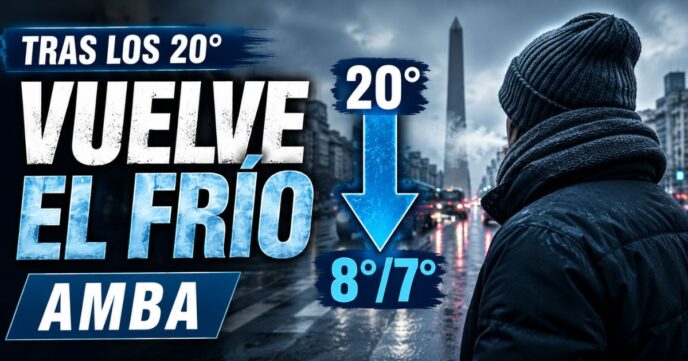 Miniatura sobre el frío en AMBA con una persona abrigada en una calle húmeda, una flecha de descenso de temperatura y el mensaje “Vuelve el frío”.