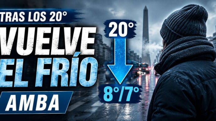 Miniatura sobre el frío en AMBA con una persona abrigada en una calle húmeda, una flecha de descenso de temperatura y el mensaje “Vuelve el frío”.