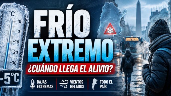 Miniatura de noticia sobre frío extremo en Argentina con termómetro bajo cero, alerta climática y personas abrigadas en una ciudad durante la ola polar.