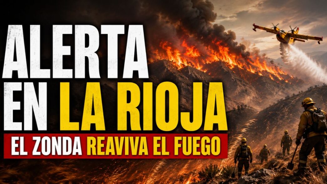 Incendio en La Rioja con brigadistas, avión hidrante y fuertes llamas bajo alerta por viento zonda.
