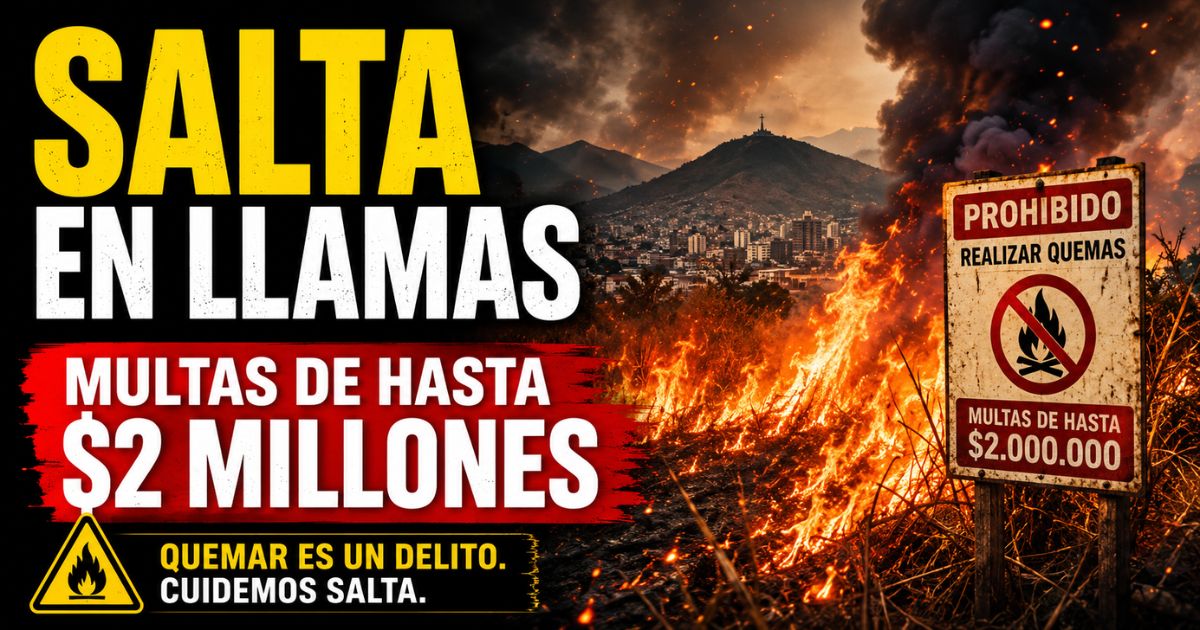Incendios en Salta con pastizales en llamas y advertencia de multas de hasta 2 millones de pesos por realizar quemas.