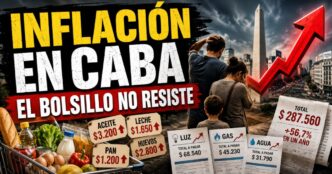 Miniatura sobre inflación en CABA con una familia preocupada, alimentos, facturas de servicios y una flecha roja en alza que representa el golpe al bolsillo.