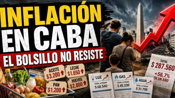 Miniatura sobre inflación en CABA con una familia preocupada, alimentos, facturas de servicios y una flecha roja en alza que representa el golpe al bolsillo.