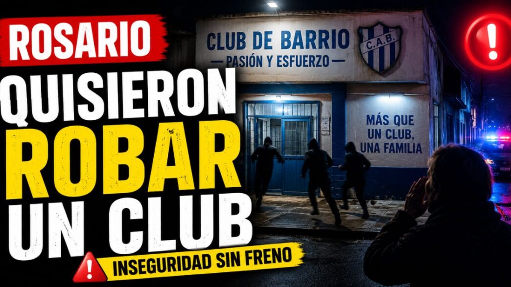 Miniatura de noticia sobre inseguridad en Rosario, con un club de barrio de noche, siluetas huyendo, luces policiales y el texto “Quisieron robar un club”.