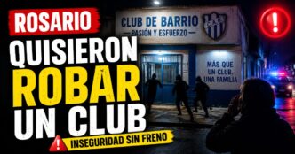 Miniatura de noticia sobre inseguridad en Rosario, con un club de barrio de noche, siluetas huyendo, luces policiales y el texto “Quisieron robar un club”.