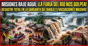 Montaje dramático de noticias sobre las terribles inundaciones en Misiones, mostrando a la izquierda evacuaciones de familias y niños en barcos de rescate de un pueblo humilde sumergido, y a la derecha una vista fangosa y sobrecargada de las Cataratas del Iguazú con un cartel de cierre por peligro total en la Garganta del Diablo.