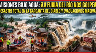 Montaje dramático de noticias sobre las terribles inundaciones en Misiones, mostrando a la izquierda evacuaciones de familias y niños en barcos de rescate de un pueblo humilde sumergido, y a la derecha una vista fangosa y sobrecargada de las Cataratas del Iguazú con un cartel de cierre por peligro total en la Garganta del Diablo.