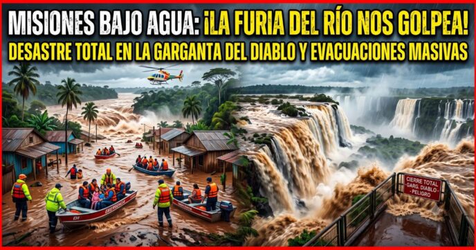 Montaje dramático de noticias sobre las terribles inundaciones en Misiones, mostrando a la izquierda evacuaciones de familias y niños en barcos de rescate de un pueblo humilde sumergido, y a la derecha una vista fangosa y sobrecargada de las Cataratas del Iguazú con un cartel de cierre por peligro total en la Garganta del Diablo.