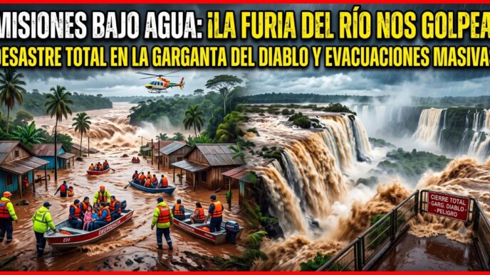 Montaje dramático de noticias sobre las terribles inundaciones en Misiones, mostrando a la izquierda evacuaciones de familias y niños en barcos de rescate de un pueblo humilde sumergido, y a la derecha una vista fangosa y sobrecargada de las Cataratas del Iguazú con un cartel de cierre por peligro total en la Garganta del Diablo.