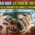 Montaje dramático de noticias sobre las terribles inundaciones en Misiones, mostrando a la izquierda evacuaciones de familias y niños en barcos de rescate de un pueblo humilde sumergido, y a la derecha una vista fangosa y sobrecargada de las Cataratas del Iguazú con un cartel de cierre por peligro total en la Garganta del Diablo.