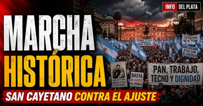 Marcha histórica de San Cayetano contra el ajuste de Javier Milei, con una multitud, banderas argentinas y reclamos por pan, trabajo, techo y dignidad.