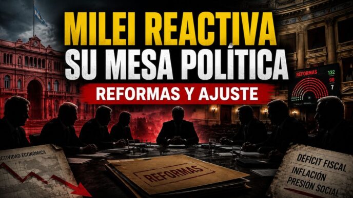 Mesa política de Milei reunida para impulsar reformas, ajuste económico y cambios en el Congreso.