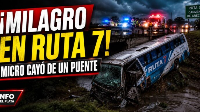 Micro caído de un puente en la Ruta 7, en Carmen de Areco, tras un grave accidente con 20 heridos.
