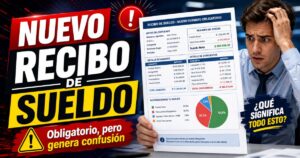 Miniatura sobre el nuevo recibo de sueldo obligatorio en Argentina, con un trabajador preocupado, un recibo con descuentos y la advertencia de confusión salarial.
