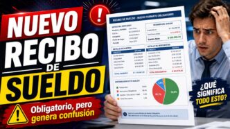 Miniatura sobre el nuevo recibo de sueldo obligatorio en Argentina, con un trabajador preocupado, un recibo con descuentos y la advertencia de confusión salarial.