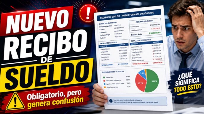 Miniatura sobre el nuevo recibo de sueldo obligatorio en Argentina, con un trabajador preocupado, un recibo con descuentos y la advertencia de confusión salarial.