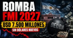 Miniatura sobre el pago al FMI en 2027 por USD 7.500 millones, con la bandera argentina, una bola de deuda, dólares y una fuerte caída económica.